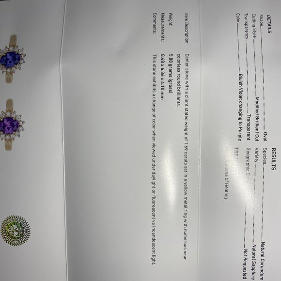 GIA Certified Color Change Sapphire 1.69ct 18K Rng - Picture 8 of 8